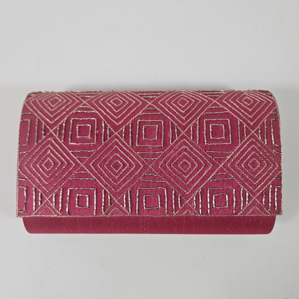 Fabindia Silk Embroidered Clutch Pink Color Including Chain New With Tags